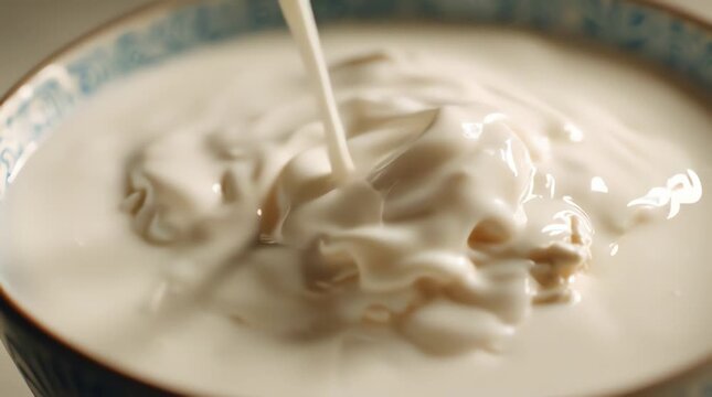 A commercial-style video with close-up shots showing banana ice cream in a bowl with condensed white milk poured over it, emphasizing the natural texture, shimmering details, and fluid movement