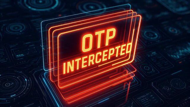 OTP intercepted glowing neon sign on futuristic digital interface and circuit board background, cybersecurity alert with data breach message in bright orange, blue, and red technology environment