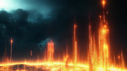 Digital city landscape showing abstract data transfer and communication streams illuminating a futuristic urban environment, representing global connectivity and advanced technology - Powered by Adobe