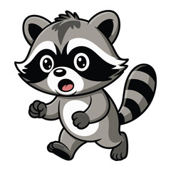 A charming cartoon raccoon character is playfully walking forward showcasing its distinctive mask and striped tail.