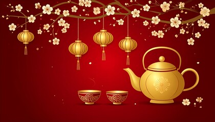 Traditional Chinese tea setting with golden teapot and cherry blossoms