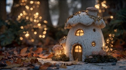 Whimsical mushroom-shaped cottage, lit from within, sits in a forest glade