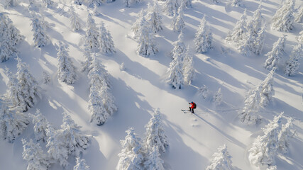 Beautiful Winter Mountain Scenery with Man on Cross-Country Skis , Aerial View