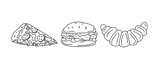 Bakery, pastries. Pizza slice, hamburger, bun, croissant. Set of line icons, doodle style. Ready-made food, fast food, cooking. Vector illustration. Isolated background.