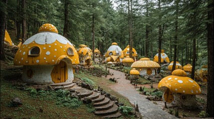 Whimsical mushroom-shaped structures nestled amongst trees create an enchanting, fantastical scene