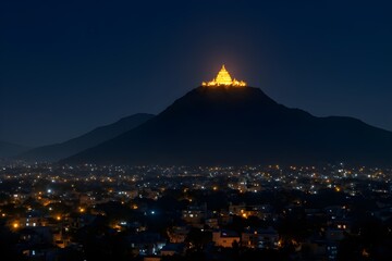 A vibrant night view of the city of Jerusalem featuring fireworks over the skyline with a distant mountain peak under a sunset sky and clouds