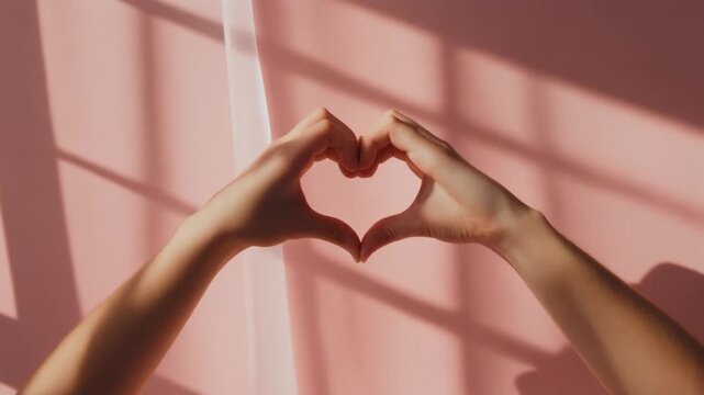Minimalist abstract shadow of two hands forming a heart shape on a pastel pink wall, illuminated by natural afternoon sunlight. Concept of love, care, affection, and emotional connection with clean