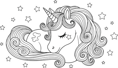 Cute magical unicorn head with swirling mane and stars outline for coloring book page printable vector illustration fantasy animal design © Laxman
