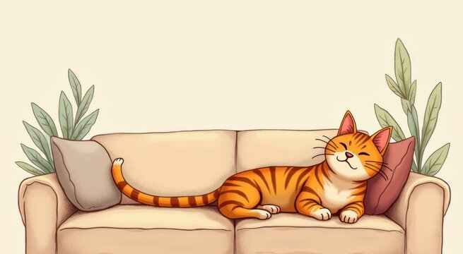 Cat that is laying on a couch with a pillow animal background - Powered by Adobe