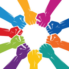 Diverse hands in a circle symbolizing unity and teamwork with vibrant colors for a concept of community and support isolated on white background