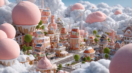 Whimsical pastel city floating among clouds, featuring sweets-like architecture and windmills