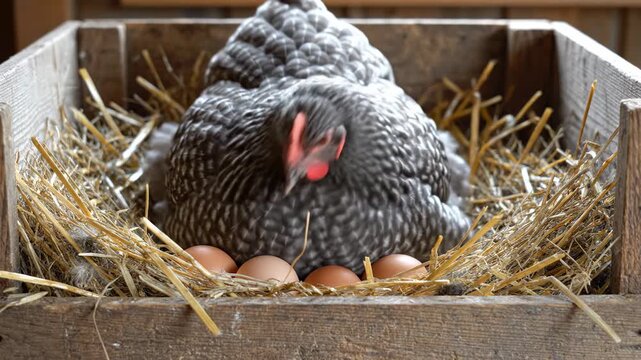 Graycolored Bird Shields Delicate Eggs Inside, Speckled Hen Keeps Eggs Warm Under Soft Indoor Shadows, Colorful Bird Rests Calmly In Wooden Nest Among Warm Straw And Gentle Light