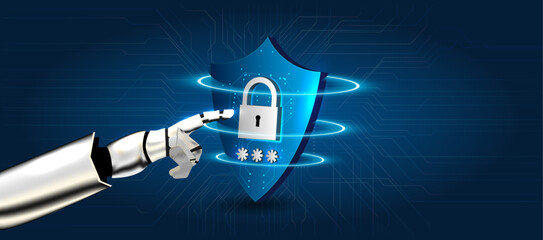 A robotic hand is extending toward a shield that features a lock symbol. The background shows digital patterns and designs related to cybersecurity. This scene focuses on protecting data.
