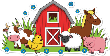 Obraz premium Cute cartoon farm animals sticker set with red barn cow horse pig sheep and chicken vector illustration for kids design