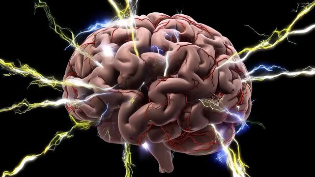 Abstract 3D brain with chaotic flickering electrical signal bursts. Symbolic epilepsy seizure, dramatic medical awareness animation