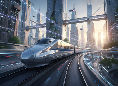 Modern Silver Bullet Train in Motion.