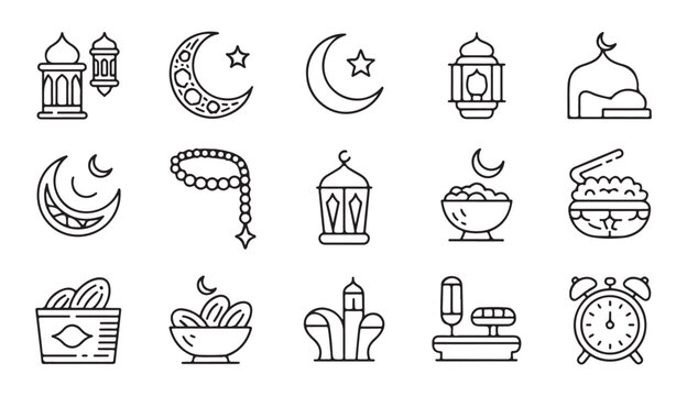 Traditional ramadan icons set with praying man silhouette mosque quran and decorative lanterns sign