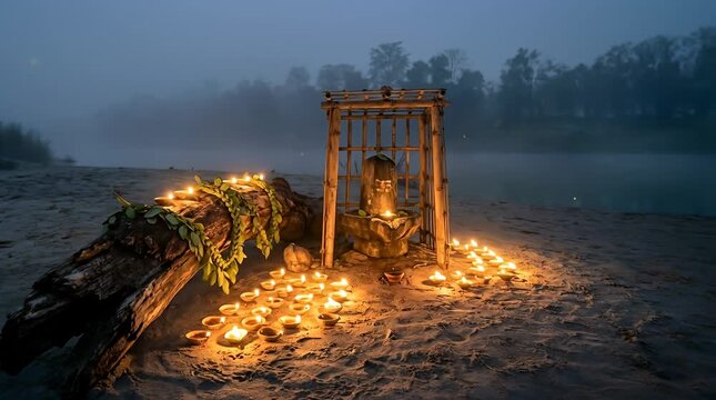 Assam river island shrine with stone lingam under bamboo, braided bilva garland on driftwood, shell diyas flickering in river fog at night