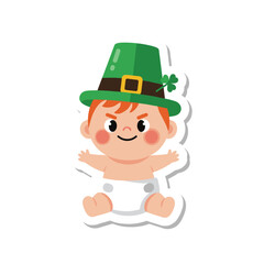 Obraz premium Cute Baby Wearing a Green Leprechaun Hat with a Shamrock, Adorable St Patricks Day Celebration Sticker.