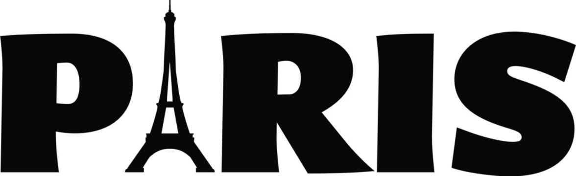 Stylized Paris Text Design Featuring the Eiffel Tower Silhouette as the Letter A Representing French Tourism, Romantic Travel, European Landmarks, and Iconic France Vacation Symbolism in Black.