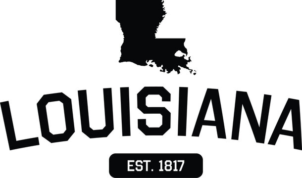 Louisiana State Map Outline with Stylized Typography and Established Date 1817 Representing Southern Heritage, United States Geography, Regional Tourism, and Gulf Coast Cultural Identity.