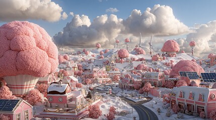 Whimsical pink town with puffy trees under a partly cloudy sky