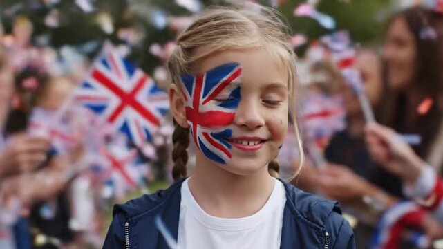 Smiling girl with UK flag face paint at festive outdoor event
