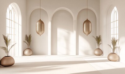 Minimalist Modern Mosque Interior with Elegant Arches and Natural Sunlight