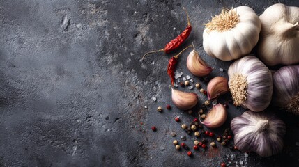 Fresh garlic cloves and dried red chili peppers on dark kitchen table with coarse sea salt and various whole spices creating an inviting culinary backdrop