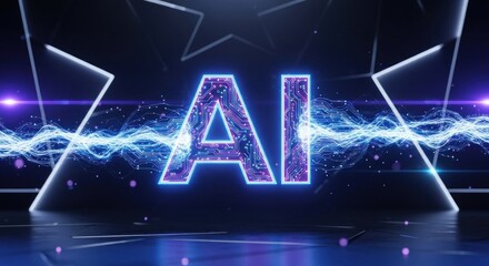 AI logo with neon lights and abstract shapes.