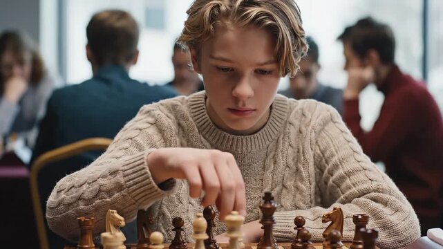 Youth Analyzes Game, Young Chess Player Studies Tactics With Steady Hand During Competition, Adolescent Competitor Carefully Examines Chess Strategies At Crowded Tournament Setting