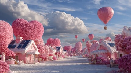 Whimsical pink townscape with heart-shaped trees, solar panel roofs, and floating balloons