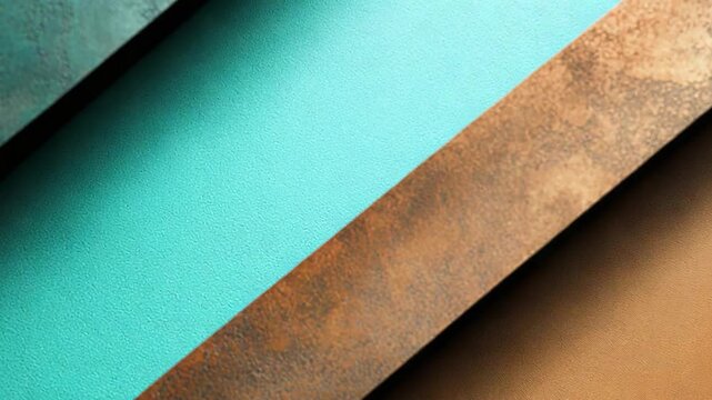 Copper strip with rustic texture separating layers of oxidized metal featuring a rich teal verdigris patina, creating an abstract background with contrast and depth