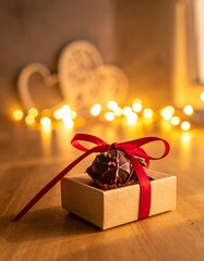 Soft evening light fills the room. A small box of handmade chocolates tied with a red