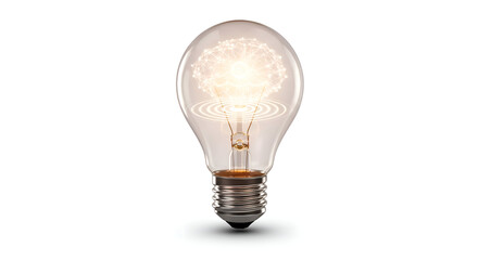 A clear glass light bulb with a glowing white cloud inside and a visible filament