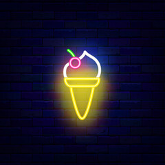 Ice cream with waffle cone and cherry neon icon. Frozen sweet dessert. Milky product. Glowing candy shop. Editable stroke. Vector stock illustration