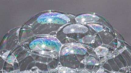 Macro abstract of iridescent soap bubbles cluster with sharp reflections