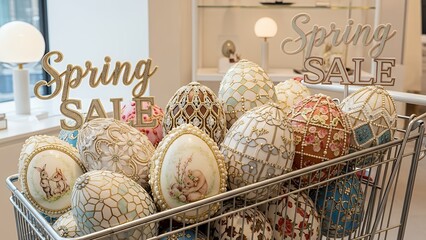 Ornate jeweled Easter eggs with intricate designs are piled in a shopping cart under "Spring SALE" signage, concept for Easter marketing, retail sales and luxury boutique advertisement