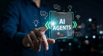 Businessman Pointing at AI Agents Hologram with Brain and Communication Icons for Automated Business Assistance