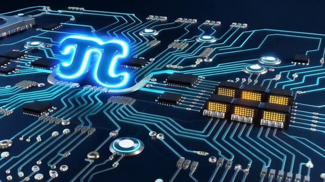 Glowing pi symbol integrated into futuristic circuit board design. Top view flat lay, cyan electric blue light, intricate tech pattern, abstract commercial style.