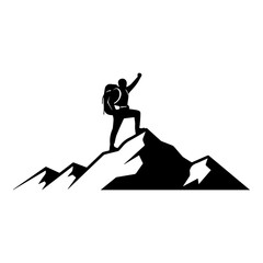 Hiker silhouette standing on mountain peak achievement concept