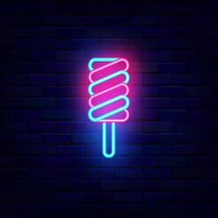 Ice cream neon icon. Swirl shape. Striped dessert on stick. Cold milky product. Glowing sign. Candy shop. Vector stock illustration
