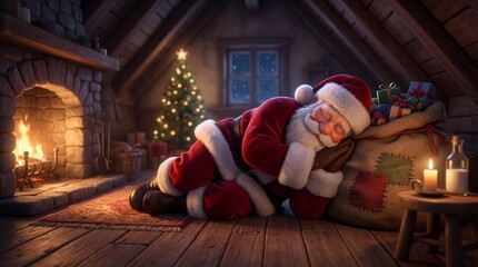 Santa Claus sleeping soundly in a cozy attic next to a warm fireplace and a decorated Christmas tree, with a sack of presents nearby.