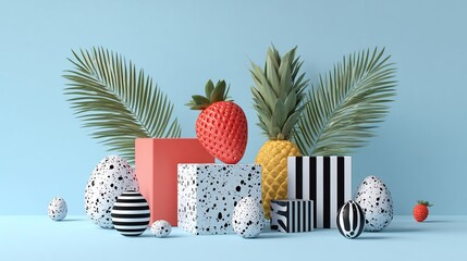 Whimsical still life geometric forms, fruits, patterned eggs, tropical backdrop