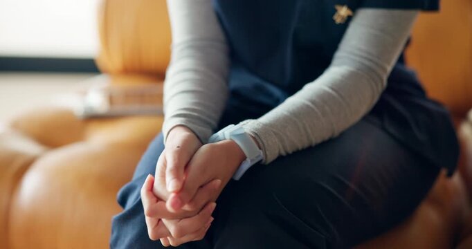 Nervous, hands and woman with anxiety on sofa for EAP counseling appointment, advice and support. Psychology, nurse and person with work stress on couch for therapy consultation, help and wellness.
