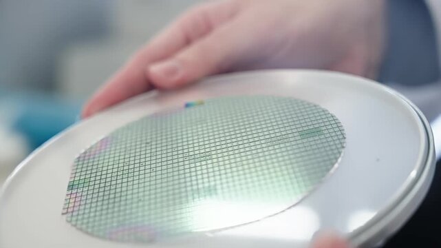 Close-up of a worker holding a patterned silicon wafer under bright light, showing grid arrays of microchip dies for semiconductor fabrication and photolithography inspection