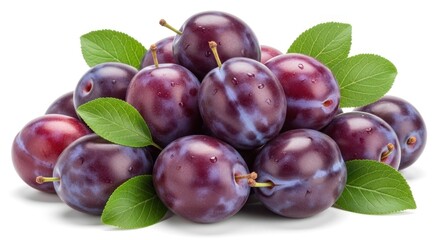 A pile of fresh, ripe plums with green leaves on a white background.