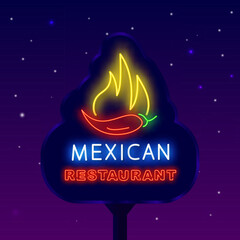 Mexican restaurant neon street billboard. Glowing outdoor advertising. Taste of Mexico. Chili pepper with fire. Glowing emblem. Editable stroke. Vector stock illustration