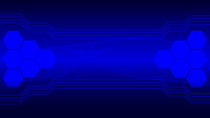 A futuristic blue background with hexagonal patterns and circuit board design