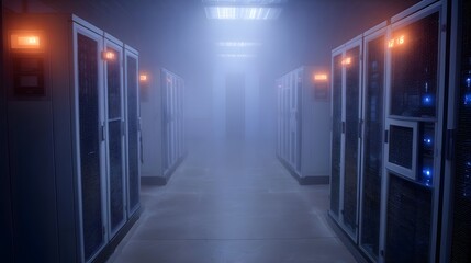 A dimly lit server room corridor filled with mist featuring rows of ope nal server racks illuminated by glowing blue and orange lights